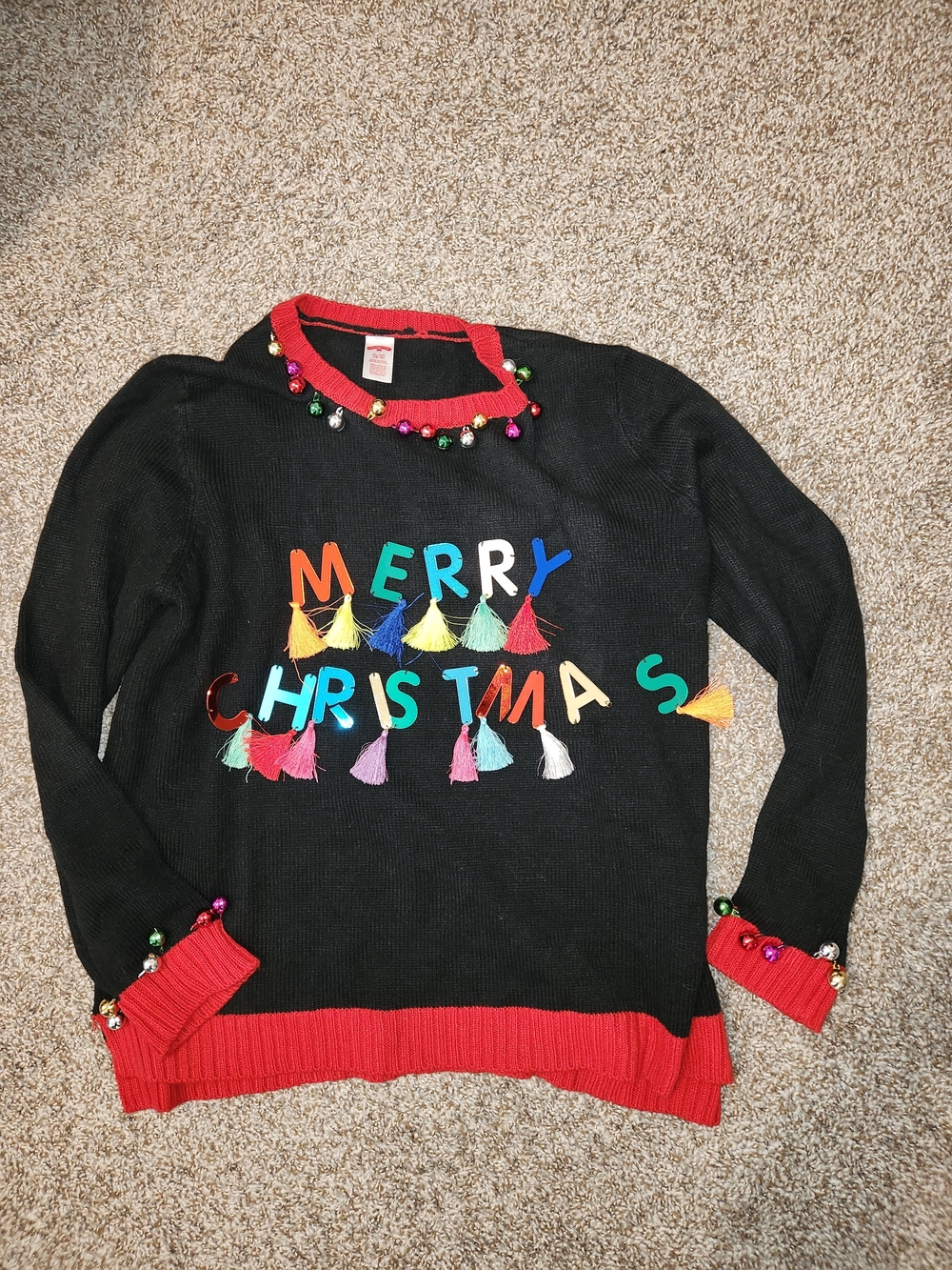 Women's Black "Ugly Sweater" 'Merry Christmas' Tassel Holiday Sweater